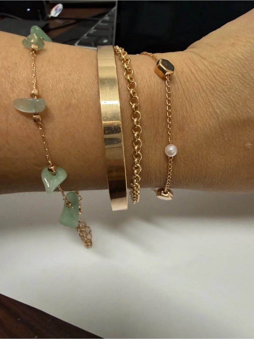 Gold Tone Mixed Bracelet Set with Green Stone Accents